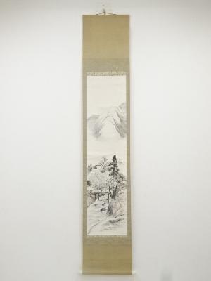 昭和期　素門筆　梅渓山水図　肉筆紙本掛軸（共箱）